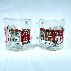 Pair of Vintage Libbey Glass Christmas Village Winter Mugs